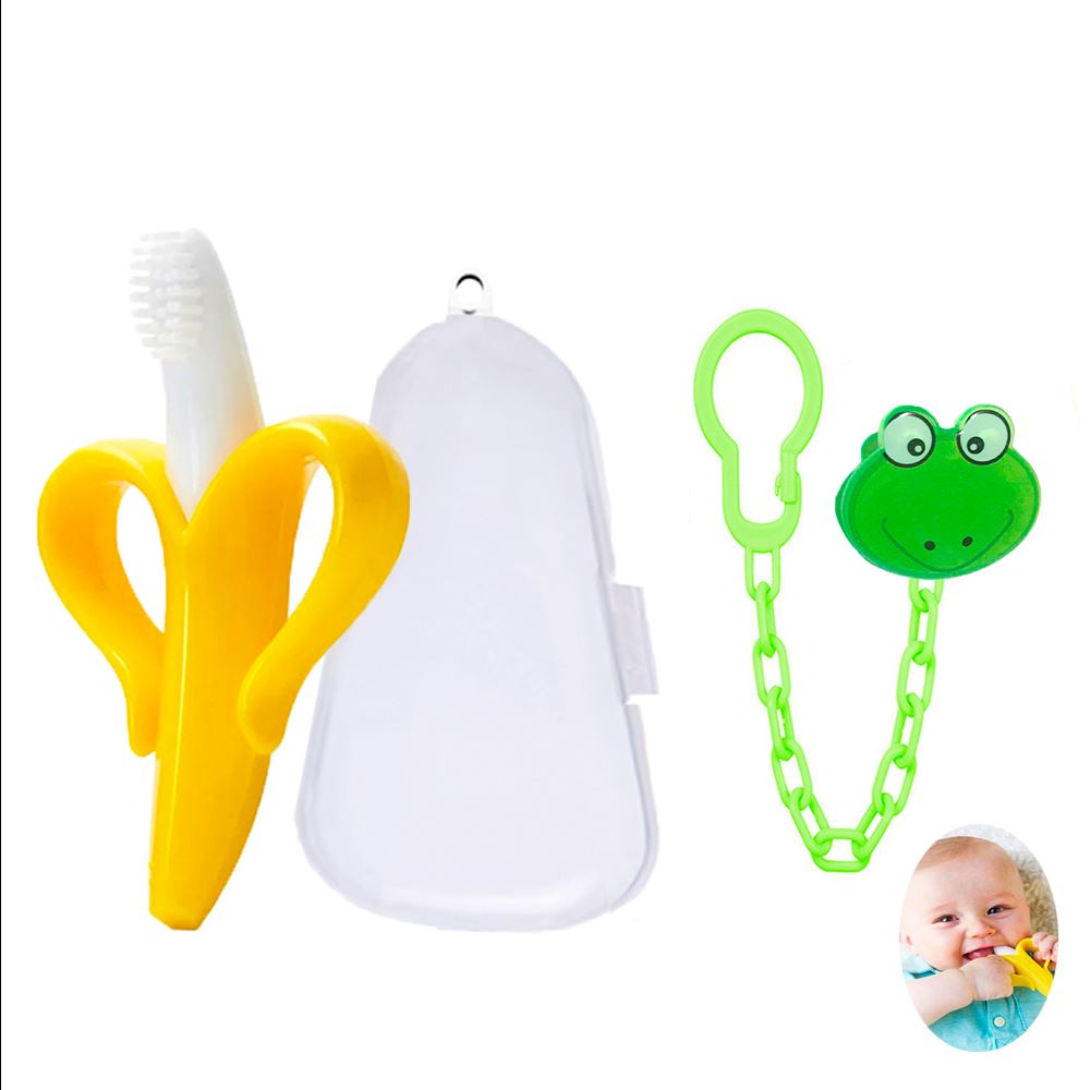 Mordedor banana cepillo y cadena ranita verde para bebe Baby Froggie